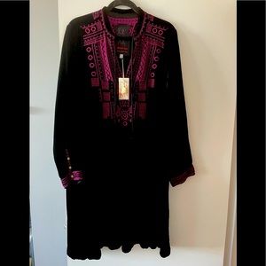 Johnny Was Black and Pink Embroidered Dress